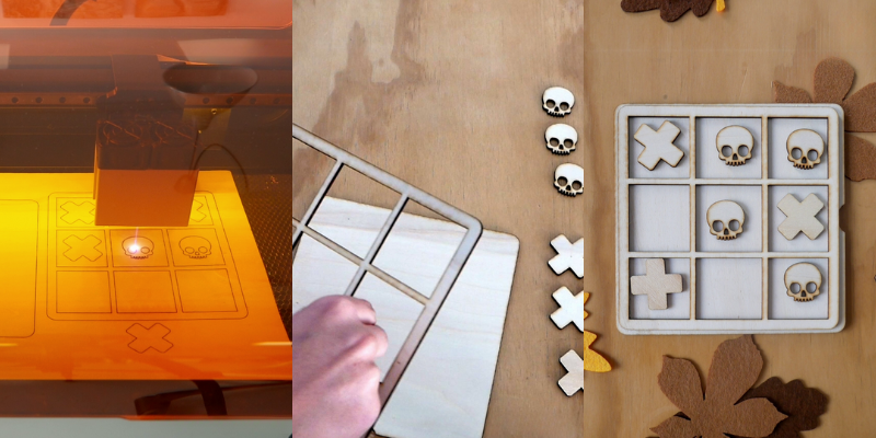 Production and laser cutting process of the tic-tac-toe game in plywood with OKU Desk